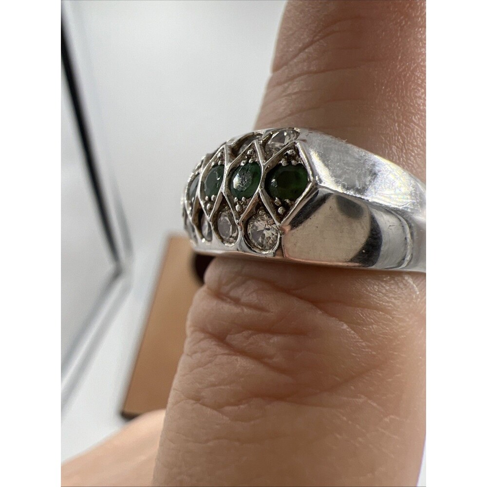 Vintage Estate 925 NF Ring Sterling Silver Dome Pave Emerald & CZ 7.25 QJewelry - Picture 6 of 12